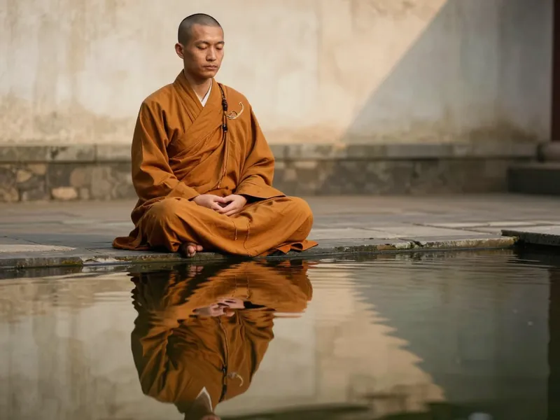 พระภิกขุนั่งสมาธิ สะท้อนในน้ำ