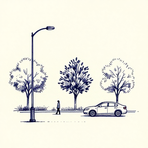 องค์ประกอบแวดล้อม: เสาไฟ, ต้นไม้, คน (บอก Scale), 